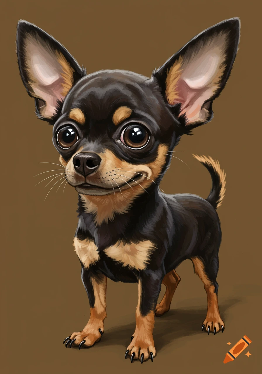 A cartoon illustration of a black and tan chihuahua with huge eyes, ears, and feet.