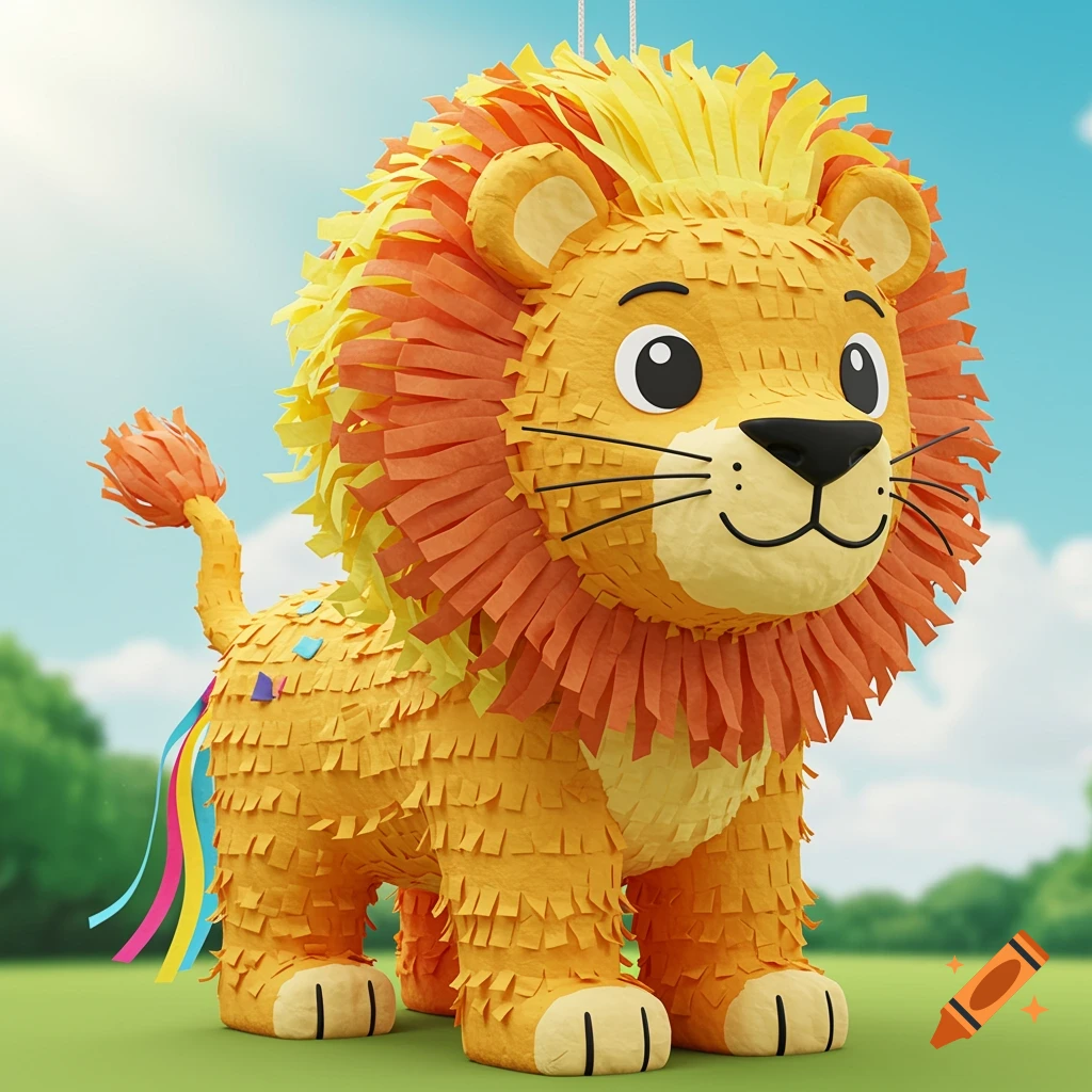 A cartoon-style lion piñata hangs outdoors with streamers.