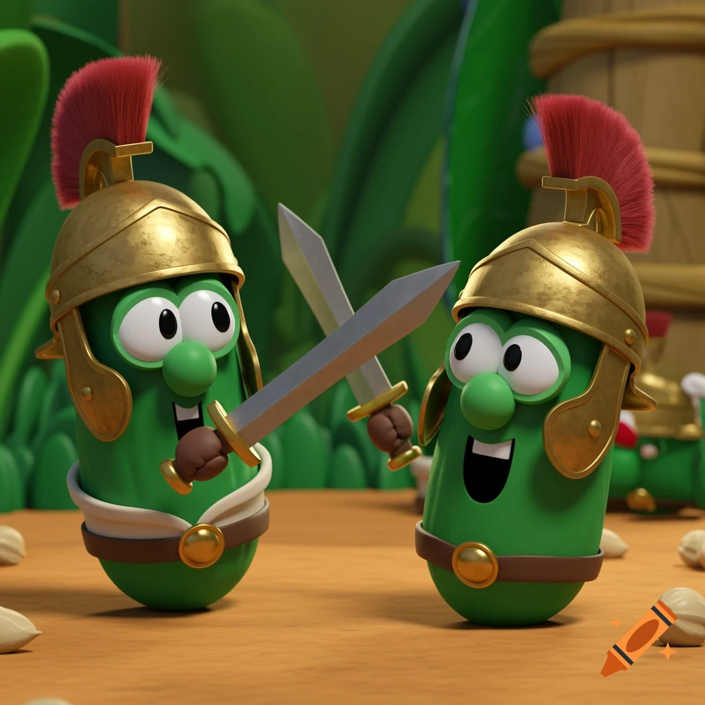 Two cartoon pickle characters from VeggieTales wearing Roman helmets and holding swords crossed.