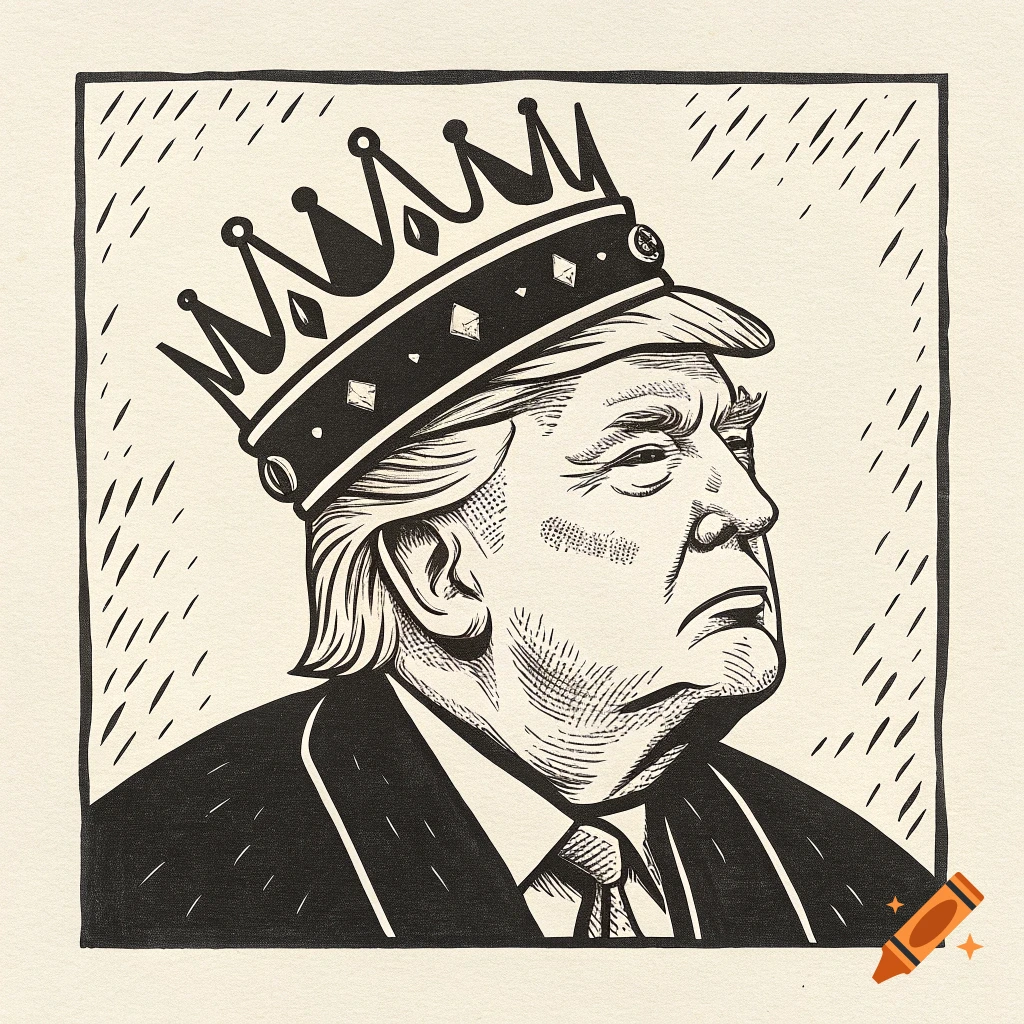 Linocut portrait of a person resembling Donald Trump wearing a crown.