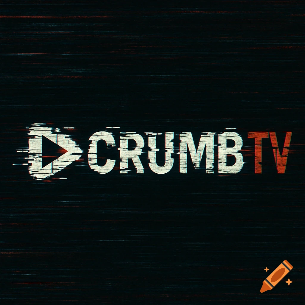Glitch style logo for Crumb TV with distorted text and play button.