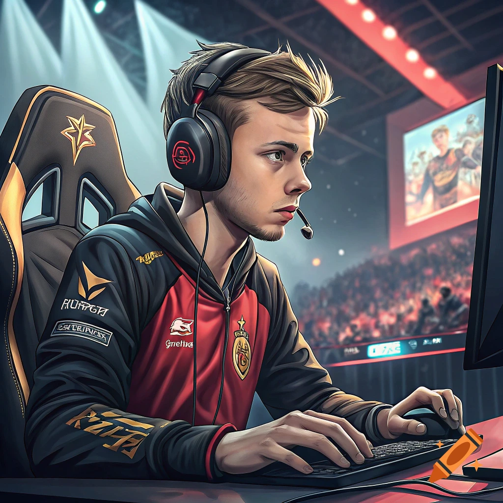 A young person in headphones and an esports jersey plays on a computer in a vibrant arena setting.