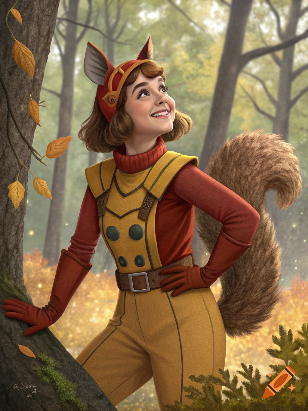 Stylized illustration of a person in a squirrel costume in a sunlit forest.