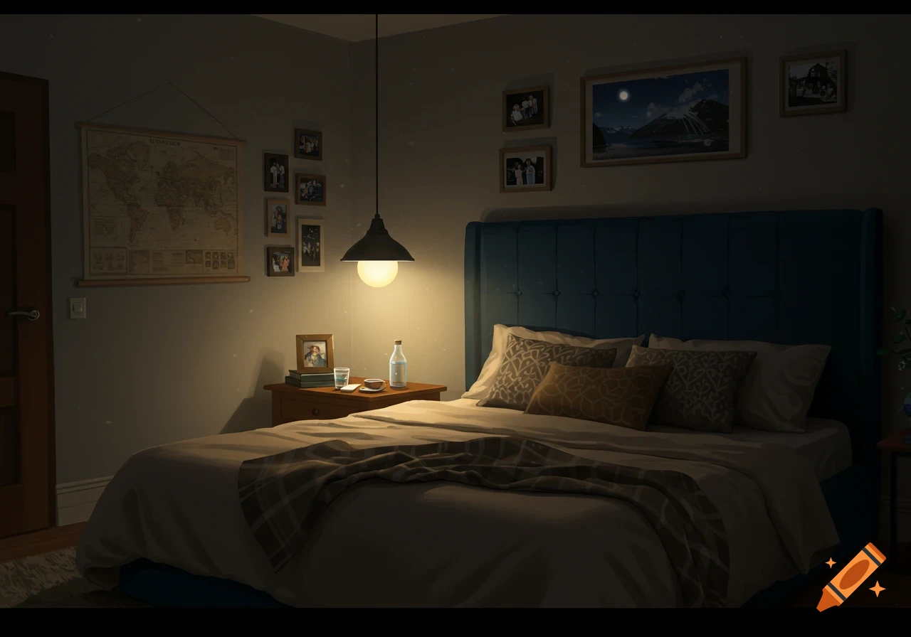 A dimly lit bedroom at night with a bed, bedside table, lamp, pictures, and a world map on the wall.