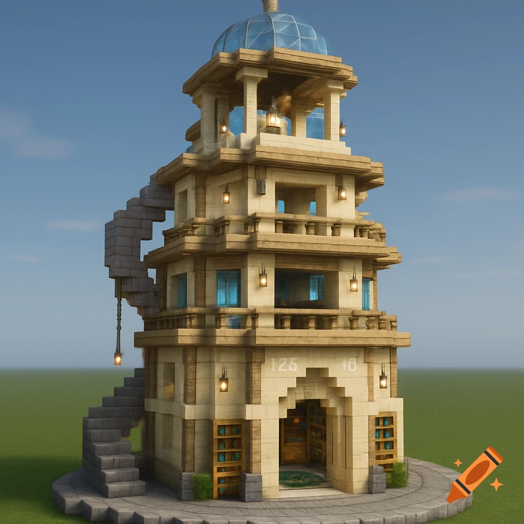 A tall, multi-story building in Minecraft style with a spiral staircase and dome.