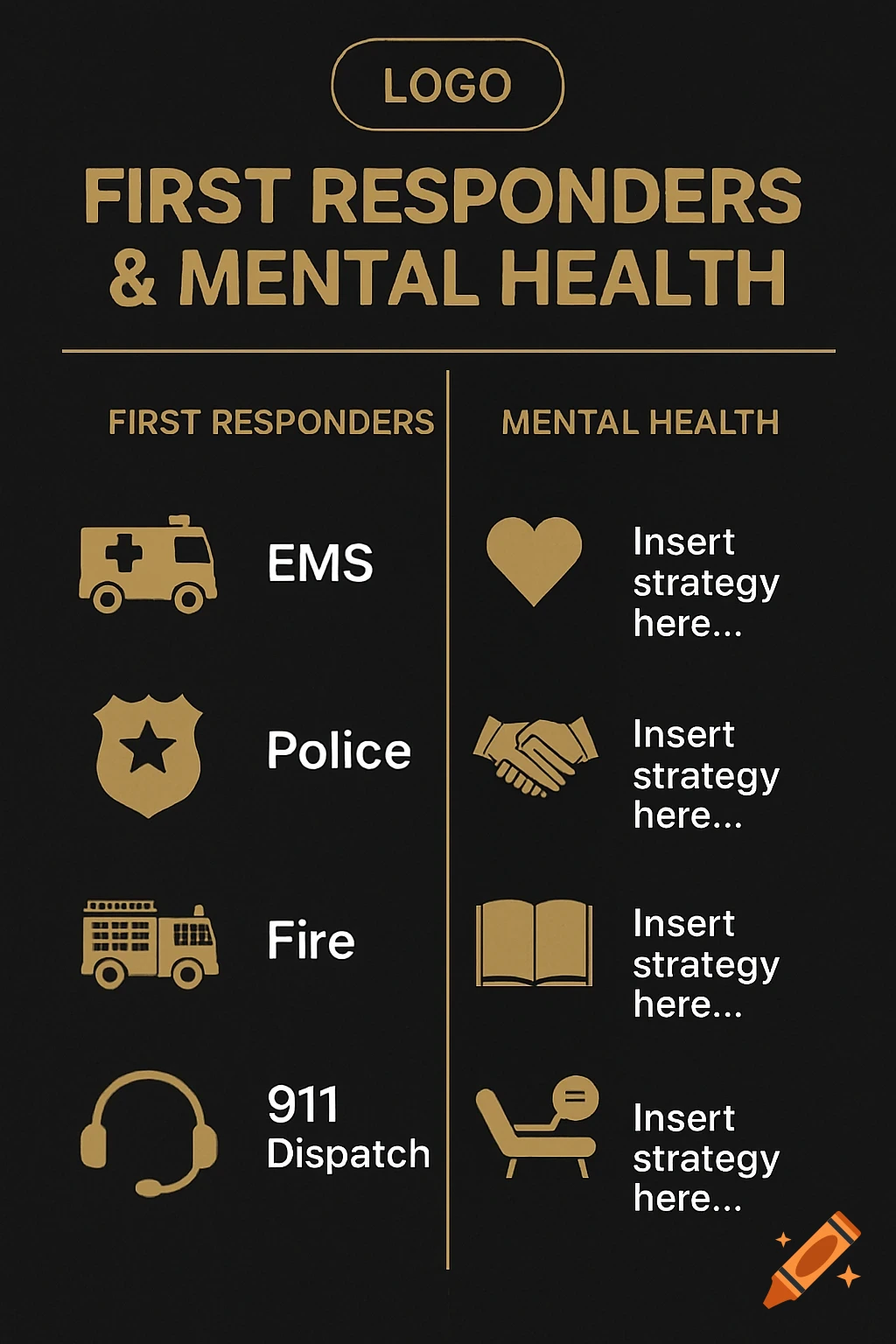 Infographic about first responders and mental health with icons and text labels on a black background.