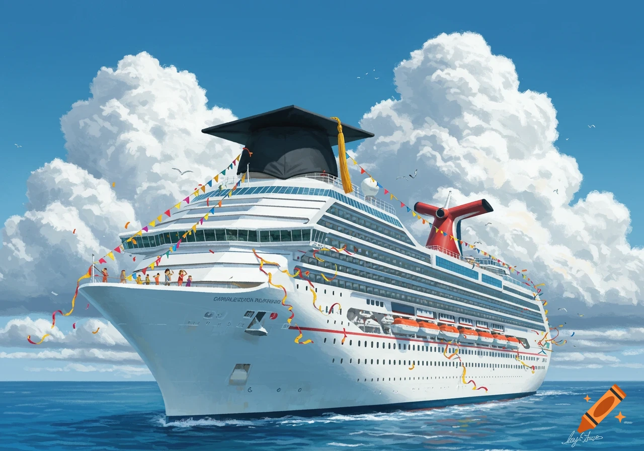 Digital painting of a large cruise ship at sea wearing a graduation cap and decorated with flags and streamers.