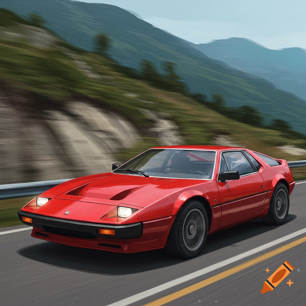 A red sports car drives on a mountain road, depicted in a dynamic illustration style.