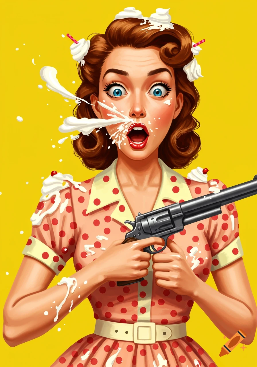 Pop art woman splattered with cream, holding a gun