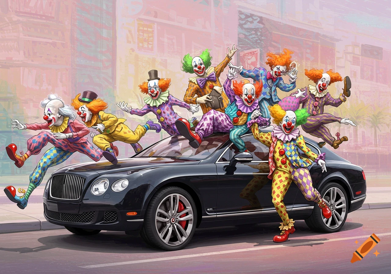 Illustrated scene of many clowns climbing on and jumping around a black Bentley car.
