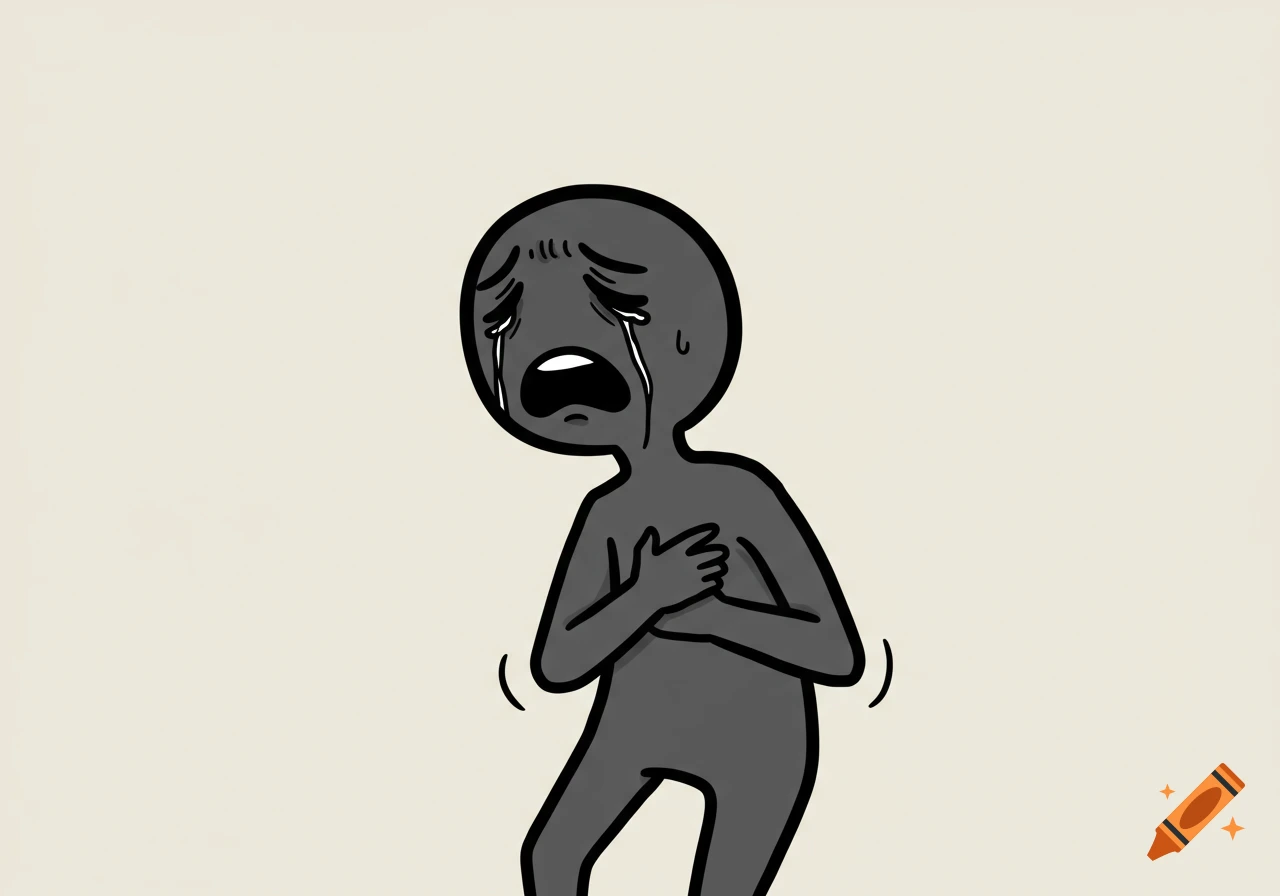 Simple illustration of a grey figure crying and holding its chest.