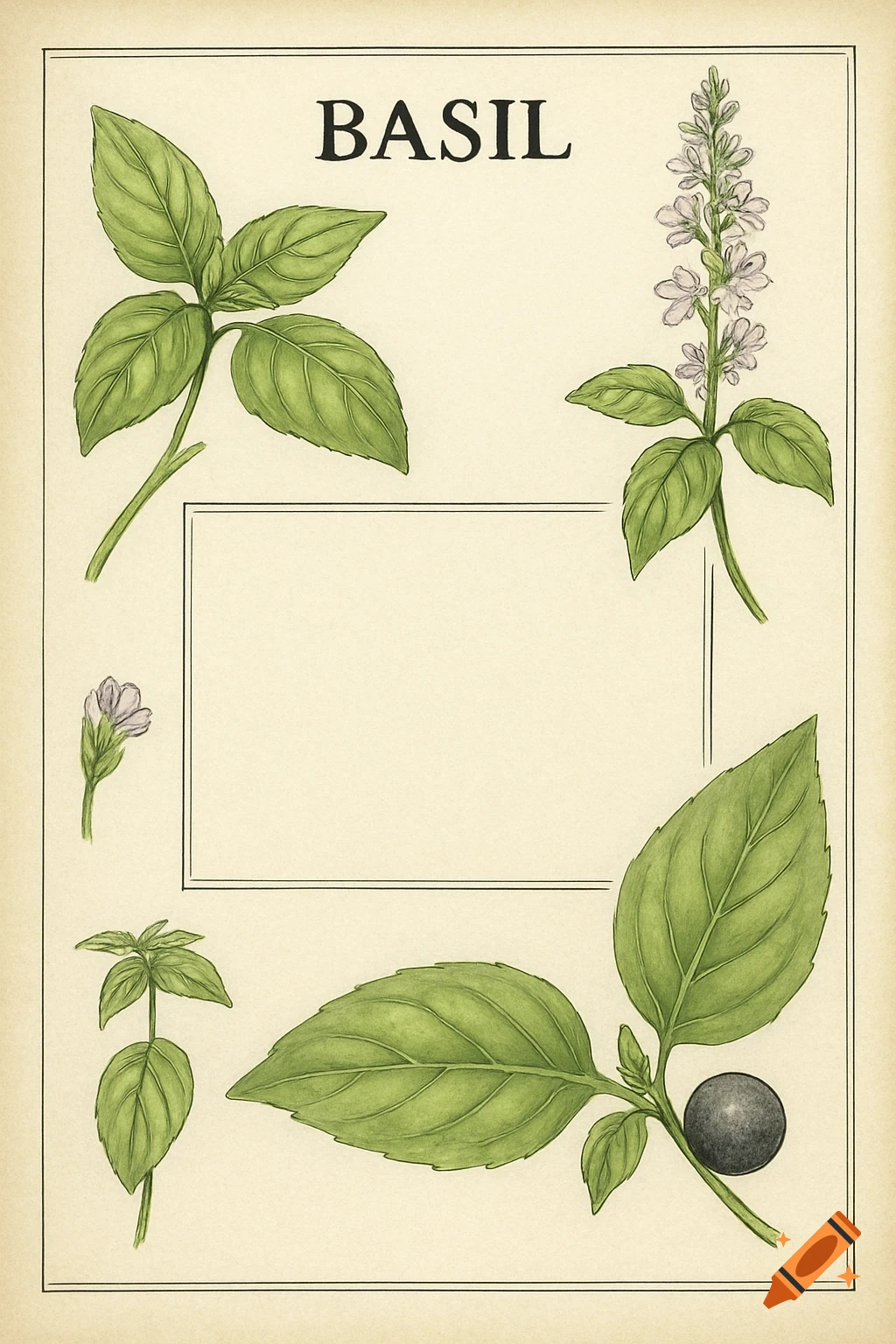 Watercolor botanical illustration of basil plants on an encyclopedia page with the title BASIL