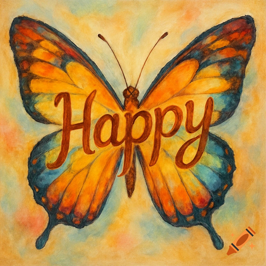Watercolor painting of a butterfly with the word 'Happy' on its wings.