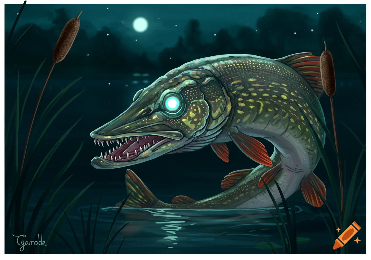 A stylized illustration of a large, sharp-toothed fish with glowing eyes rising from dark water, surrounded by reeds under a night sky.