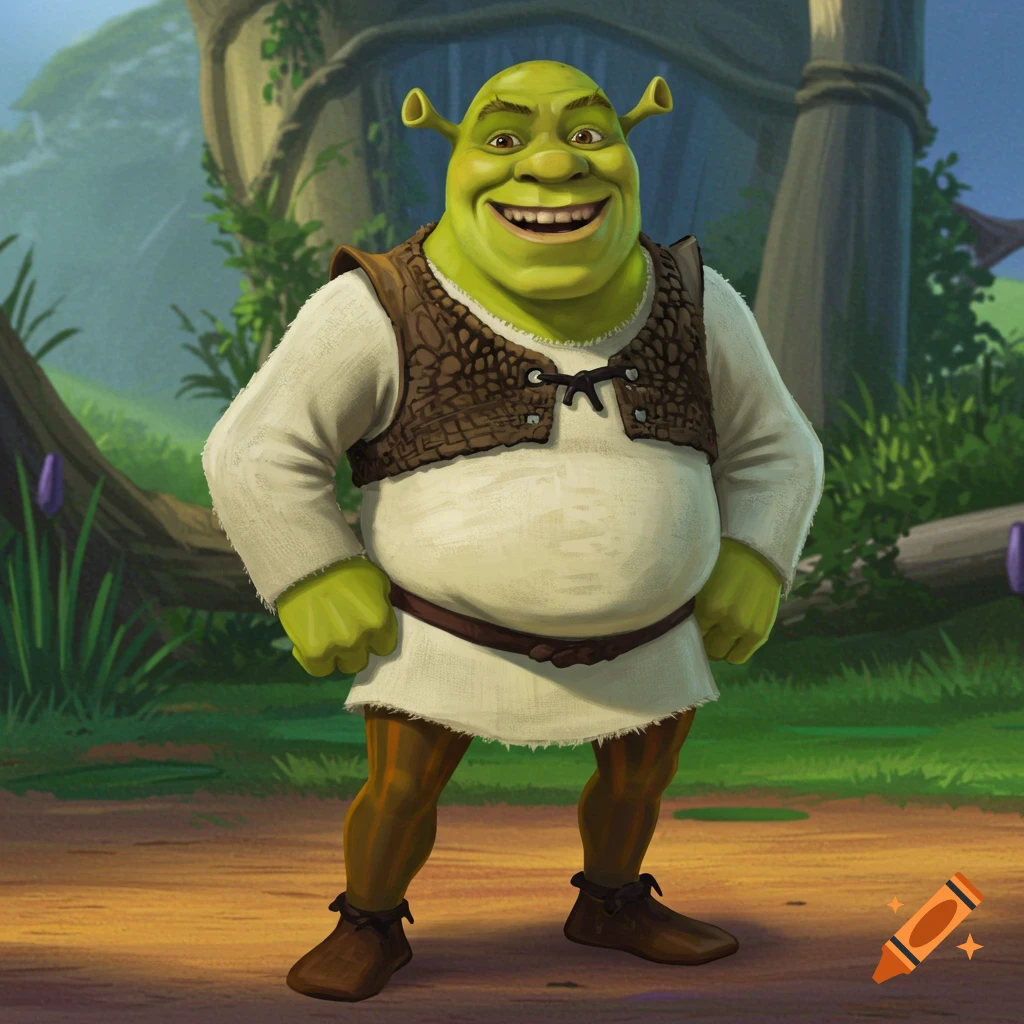 Illustration of the cartoon character Shrek standing and smiling in a forest.