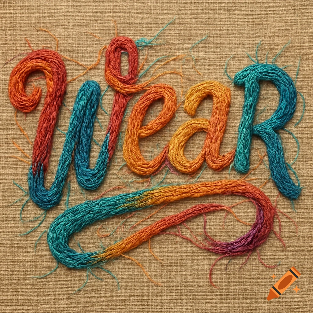 The word wear spelled out with colorful threads on a textured background.