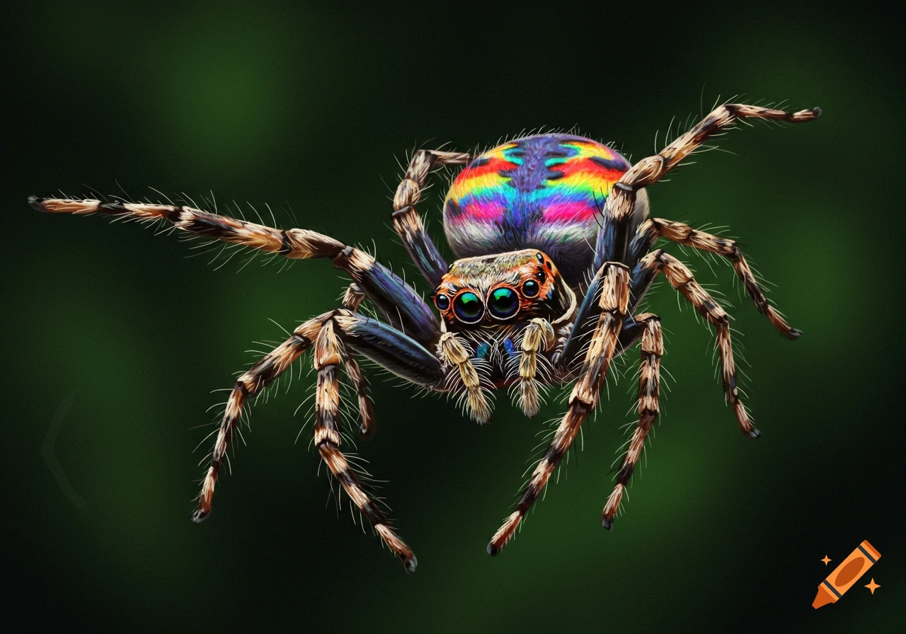 Close-up illustration of a spider with a vibrant rainbow-colored abdomen and detailed legs on a dark background.