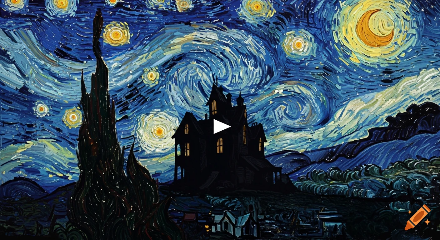 A haunted house silhouetted against a swirling, starry night sky in the style of Van Gogh's Starry Night.