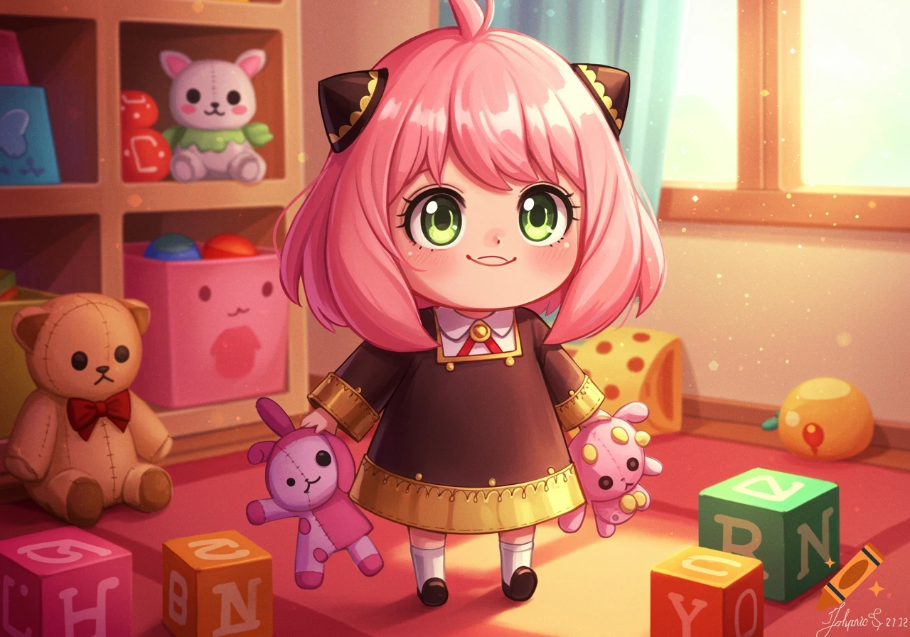 Chibi anime character Anya Forger in a playroom with toy blocks and stuffed animals.