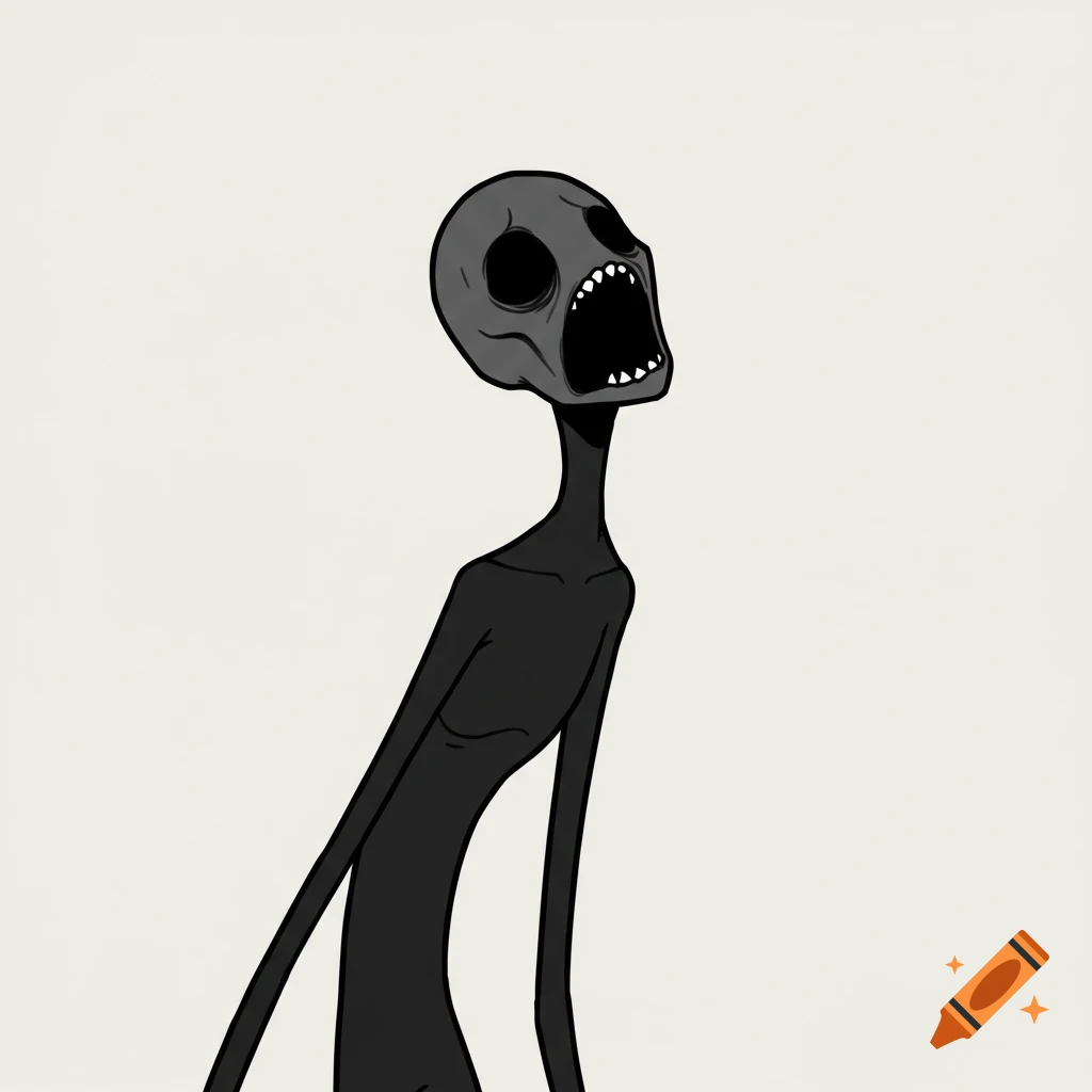 Simple illustration of a tall, thin dark figure with a grey skull head, black eyes, and sharp teeth screaming