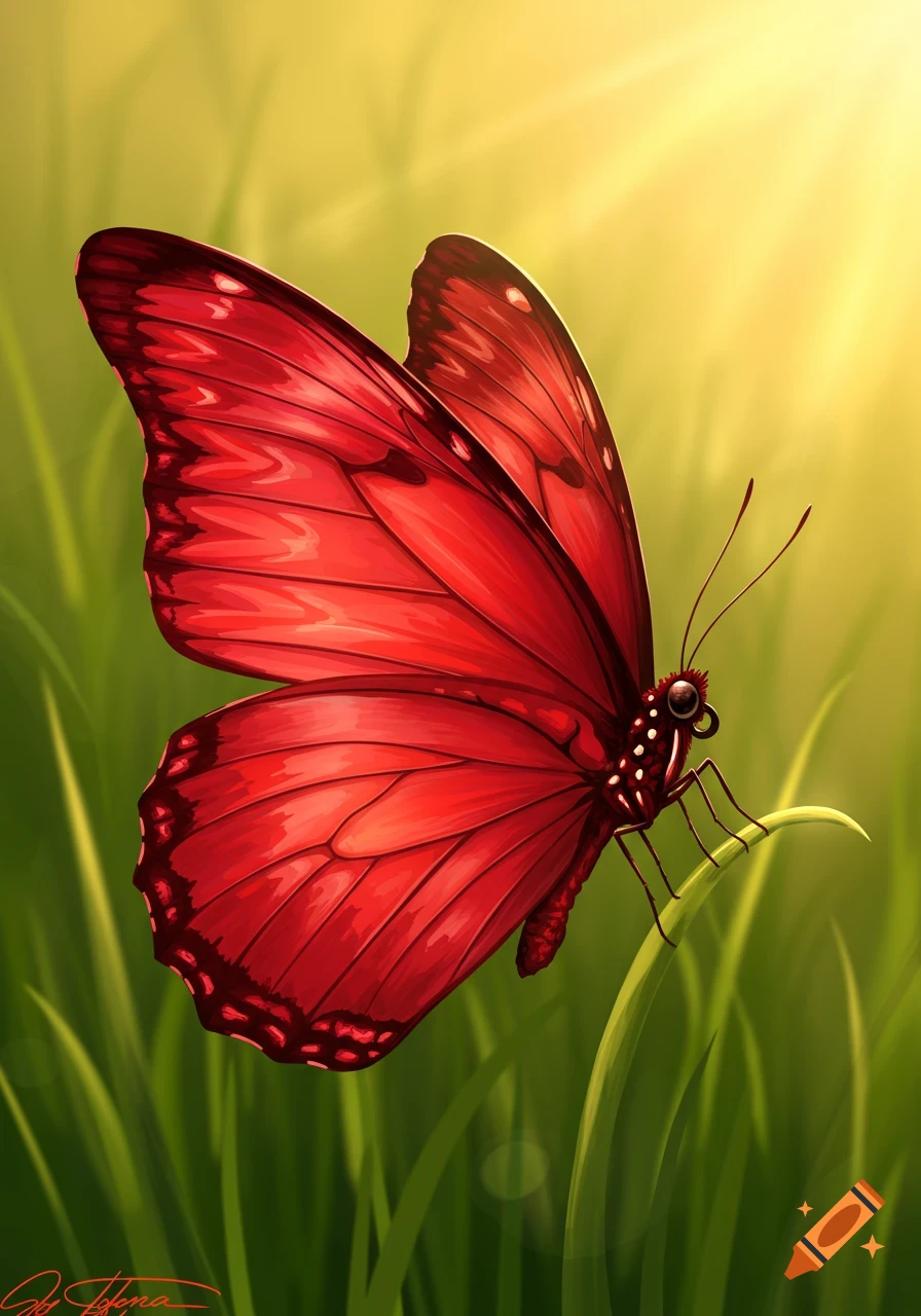 A vibrant red butterfly is perched on a green blade of grass with a glowing sunlight background.