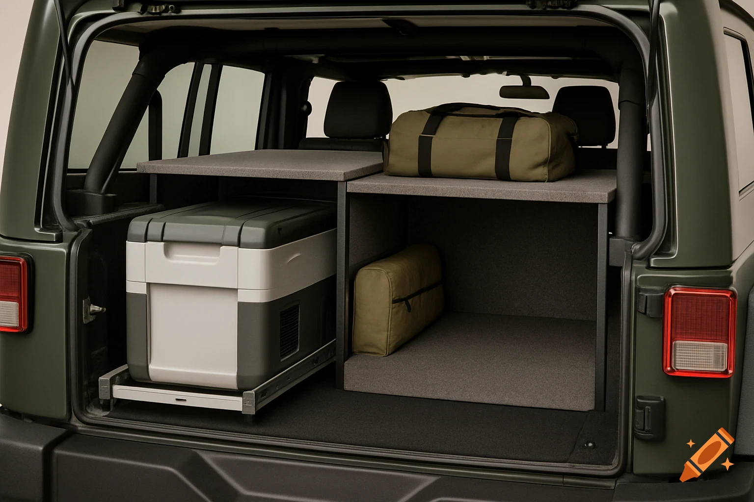 Cargo area of a dark green Jeep Wrangler with a custom storage system, slide-out fridge, shelf, and duffel bag.