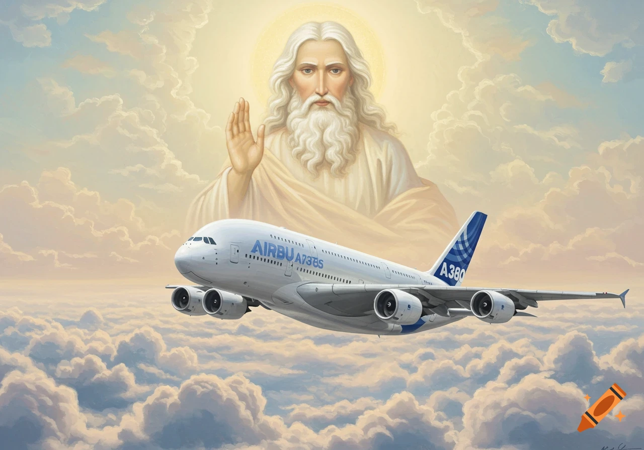 Painting of God in the clouds looking over an Airbus A380 plane.