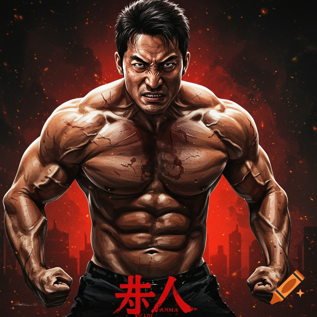 Intense muscular man with scars clenching fists, red fiery background with city silhouettes.