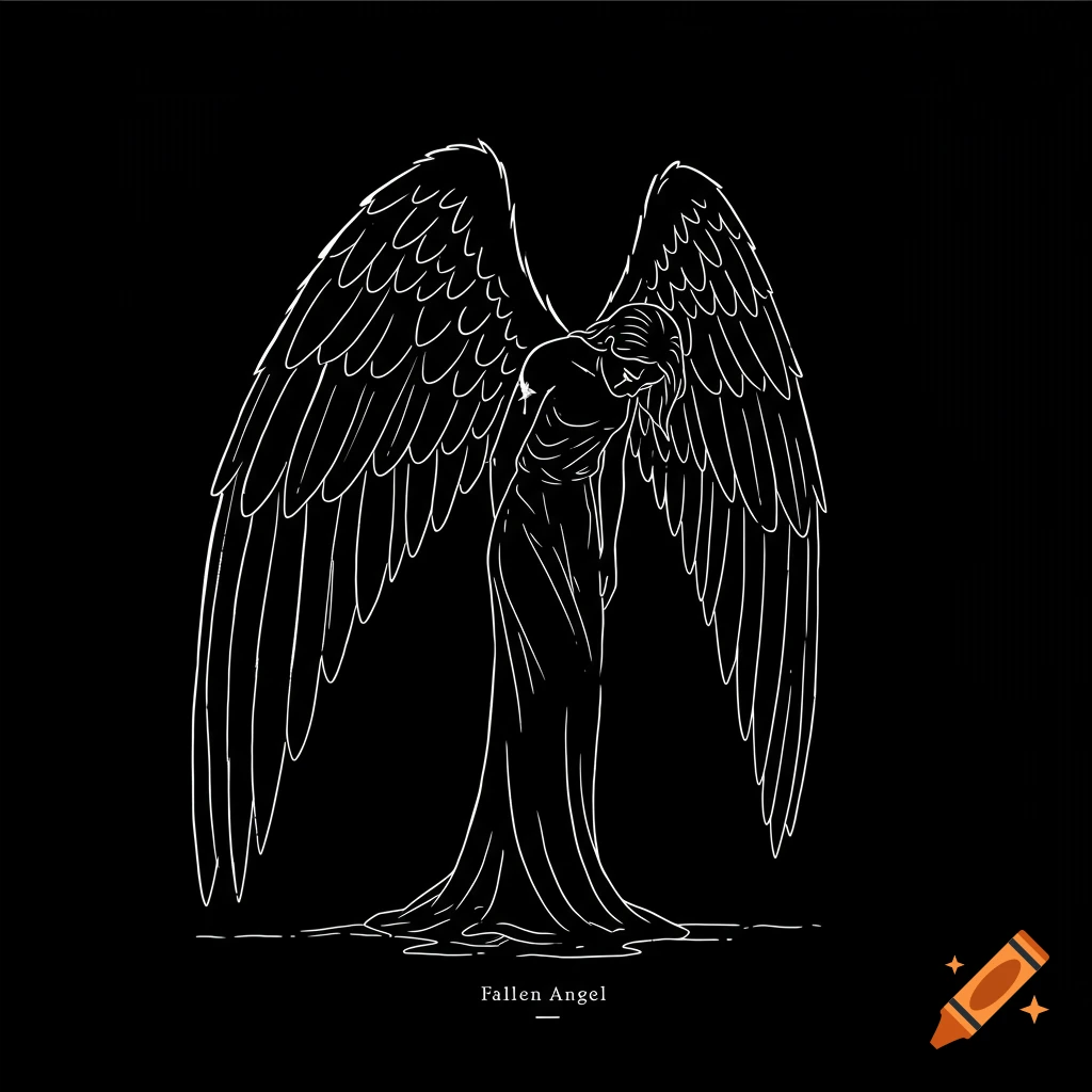 White line drawing of a fallen angel on a black background.