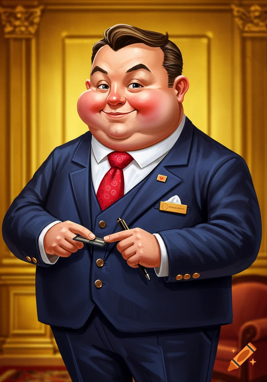 Cartoon man in a suit with chubby cheeks holding a pen and card in a lobby