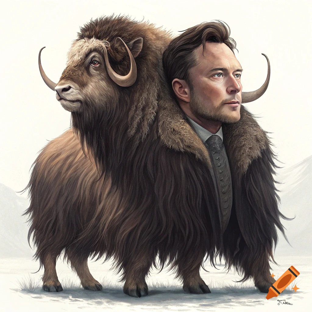 A hybrid creature with Elon Musk's head and a musk ox body, standing in snow