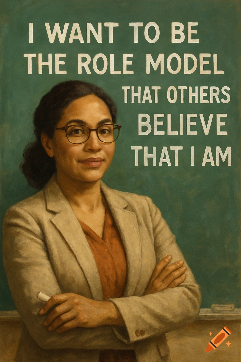 Painting of a woman in a blazer standing in front of a chalkboard with text 'I WANT TO BE THE ROLE MODEL THAT OTHERS BELIEVE THAT I AM'.