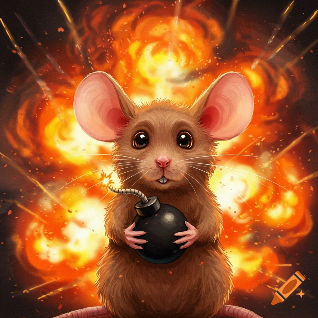 A cartoon mouse holds a lit bomb while explosions happen behind it.