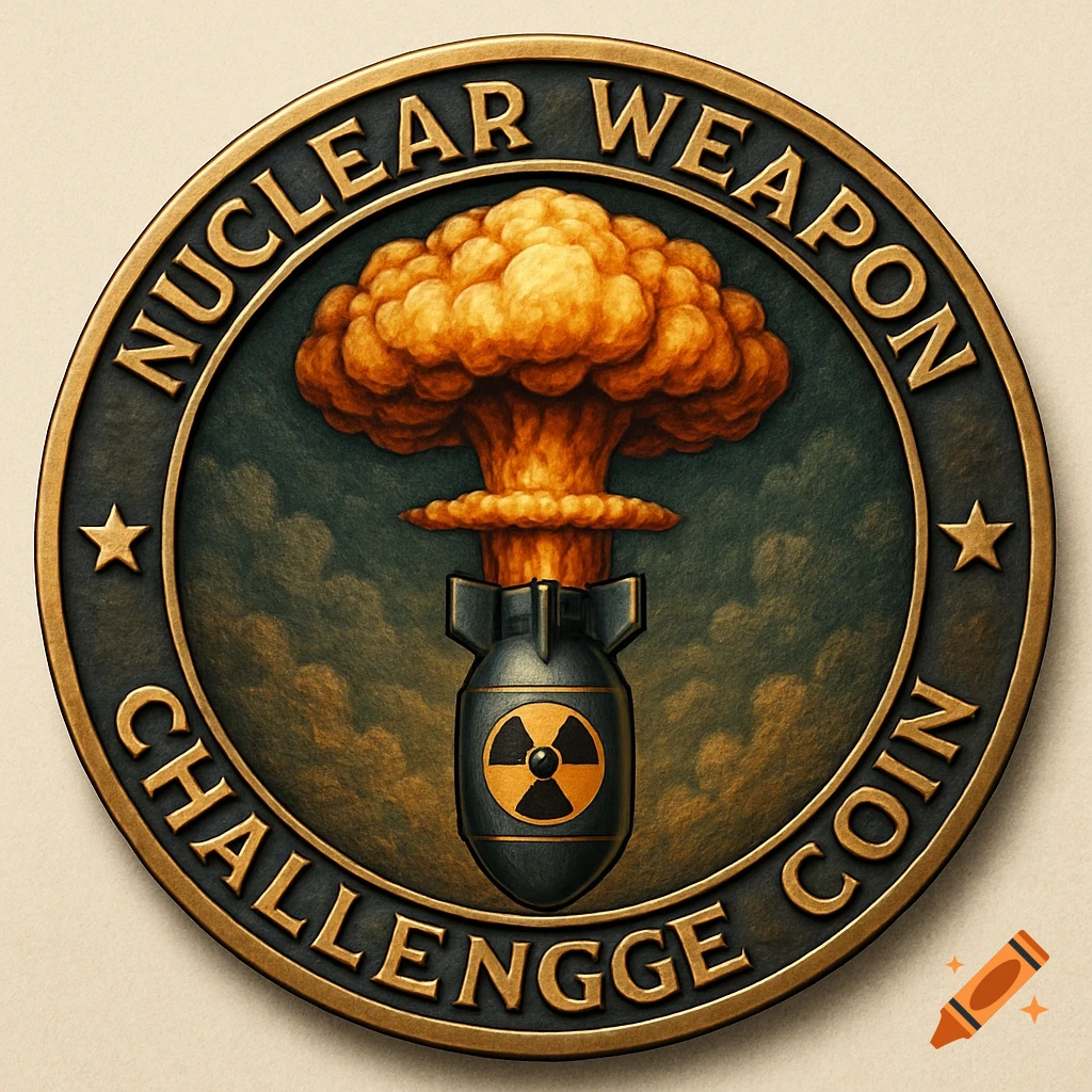 A stylized challenge coin featuring a nuclear bomb and mushroom cloud with text.