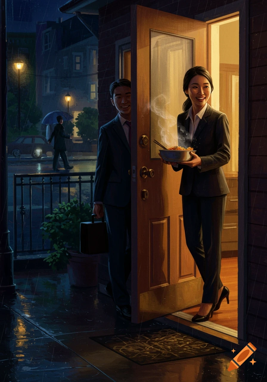 A man and woman in suits arrive home in the rain, the woman holding a steaming bowl of food.
