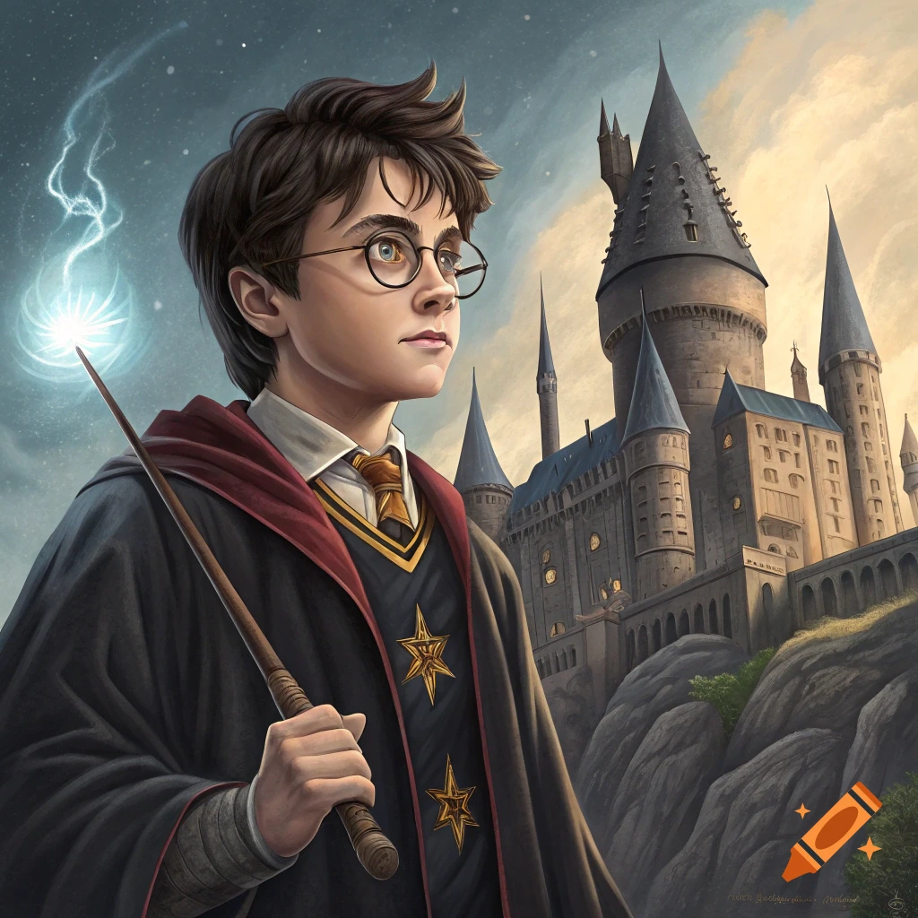 Illustration of a young wizard resembling Harry Potter holding a glowing wand in front of a castle at dusk.