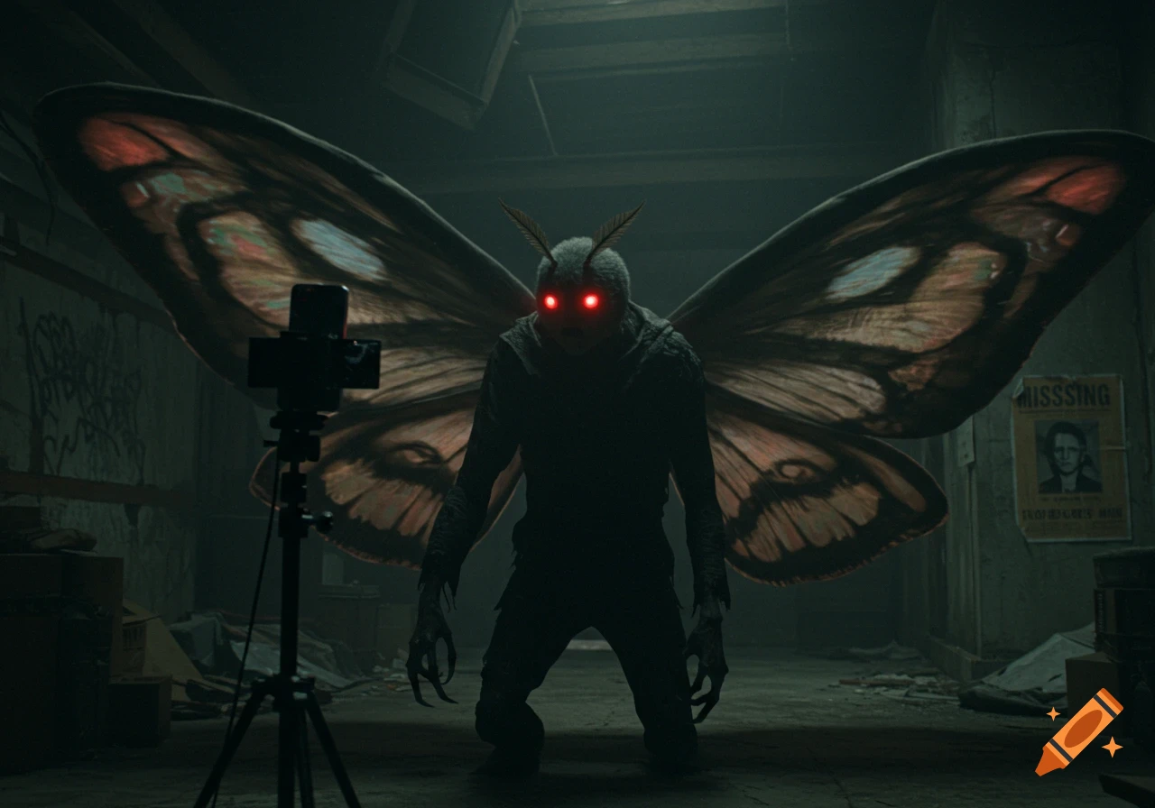 The Mothman, a winged creature with glowing red eyes, stands in a dark room behind a camera on a tripod, vlogging.