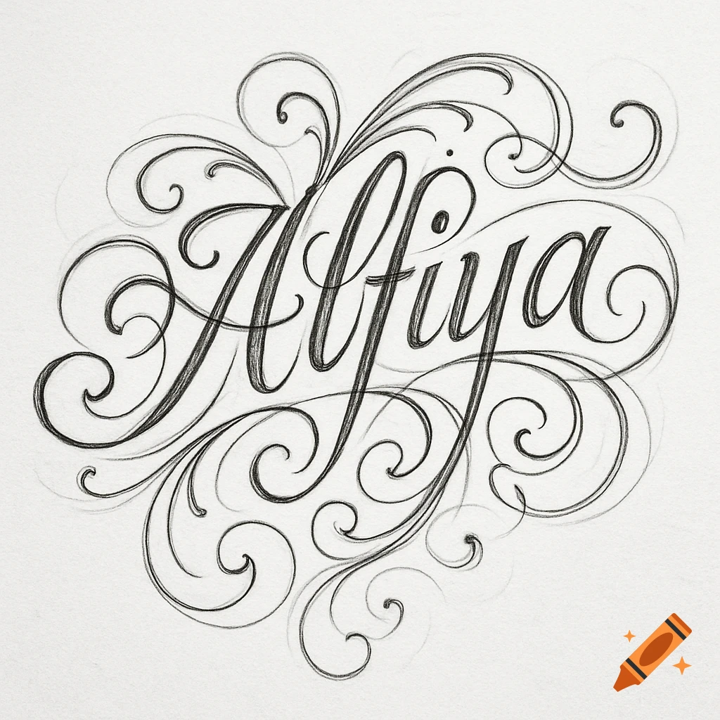 Sketch of the name Alfiya in decorative lettering with curls.
