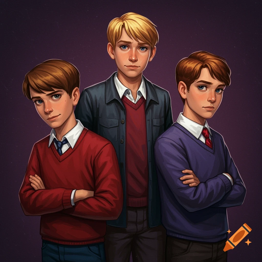 Illustration of three young boys wearing sweaters and shirts