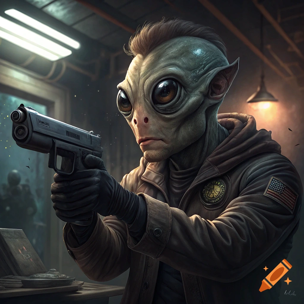 A photorealistic image of an alien holding a pistol in a dark, gritty room.