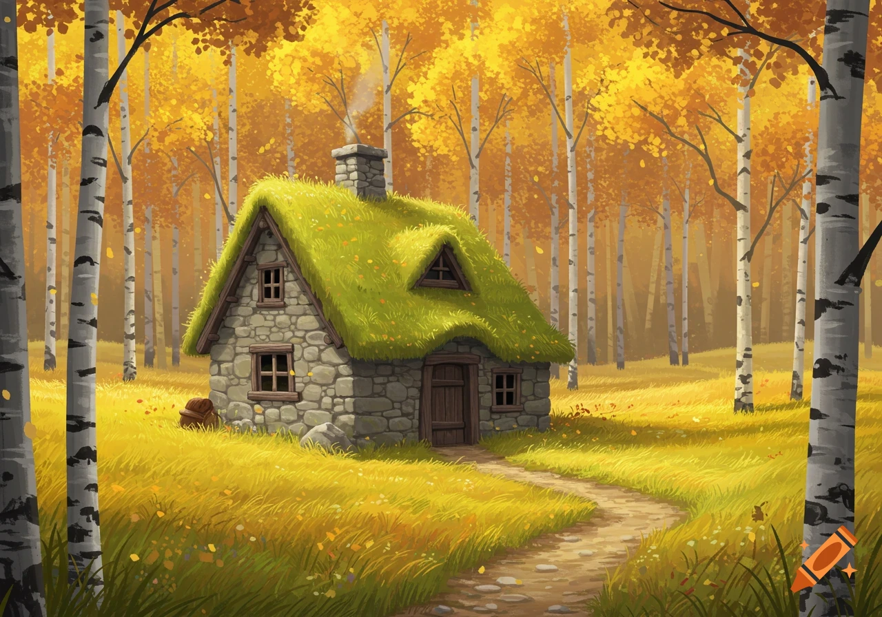 Stone cottage with a grass roof in a yellow field surrounded by birch trees with autumn leaves, illustration style.