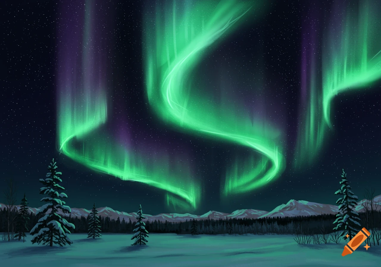 Northern Lights over a snowy landscape with trees and mountains.