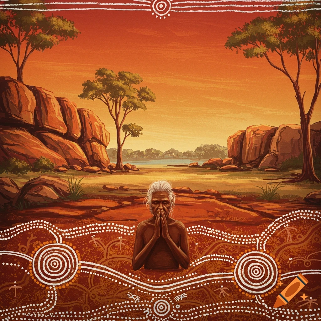 Illustration of an older Indigenous person praying in a red landscape with trees and traditional art borders.