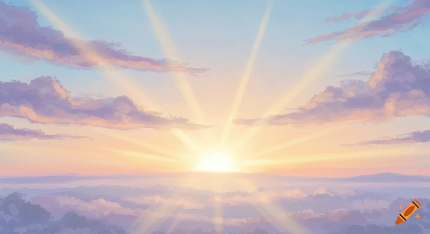 Pastel sunrise over clouds with sun rays in a soft sky.