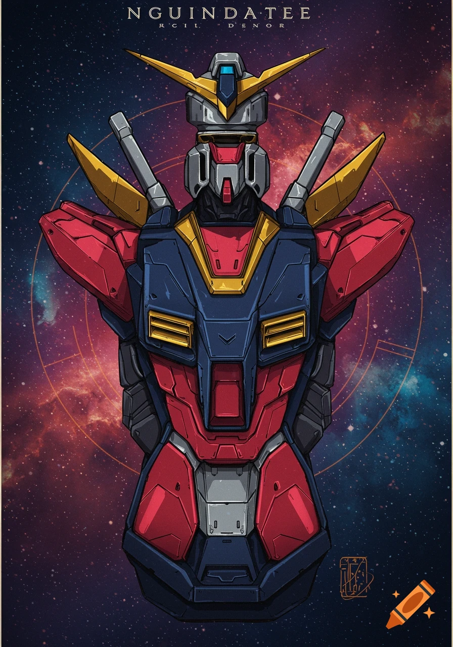 Detailed illustration of a mecha robot bust against a galaxy background.