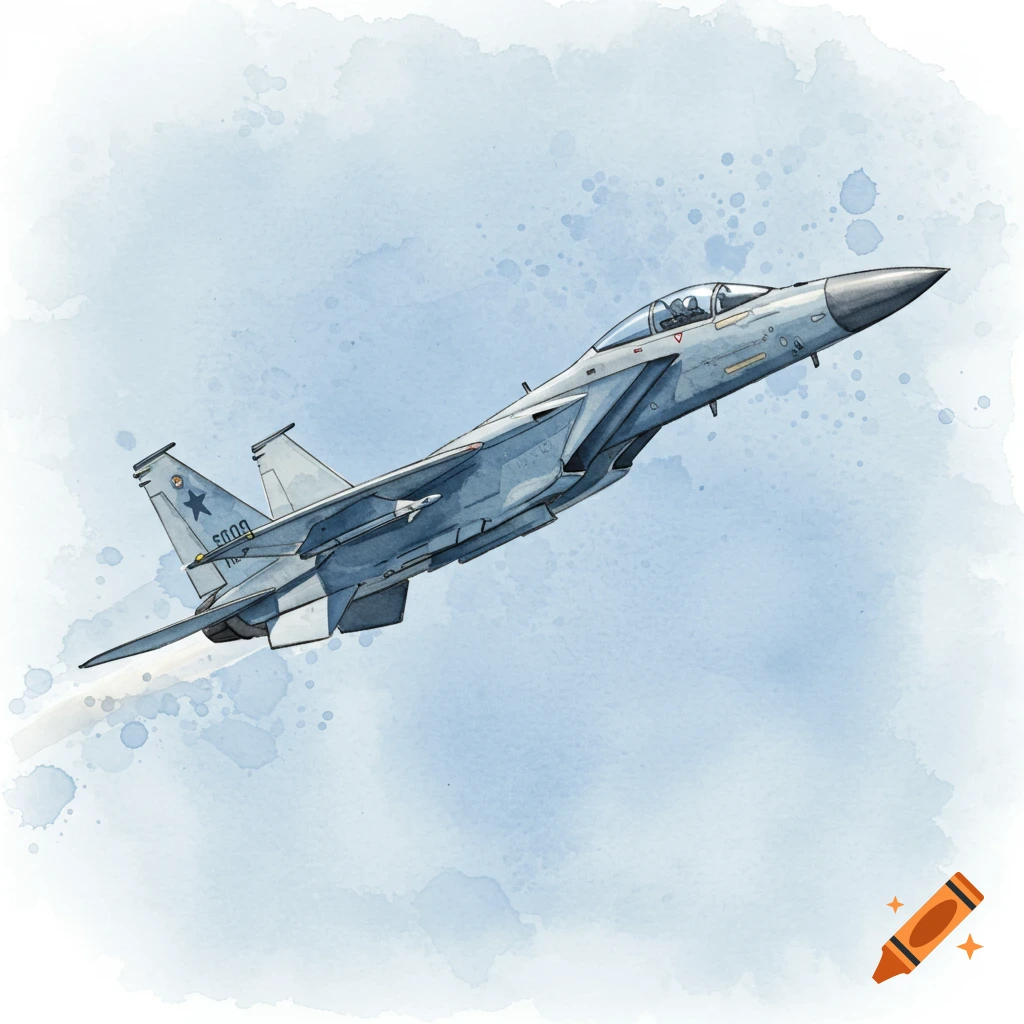 A watercolor illustration of a fighter jet flying against a blue sky.