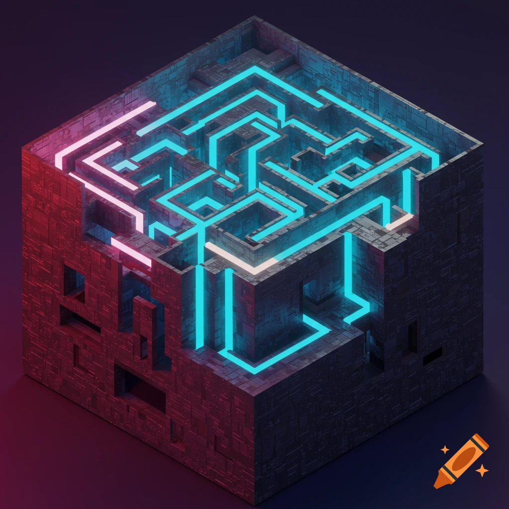 3D render of a dark metallic cube maze with glowing cyan and pink paths.
