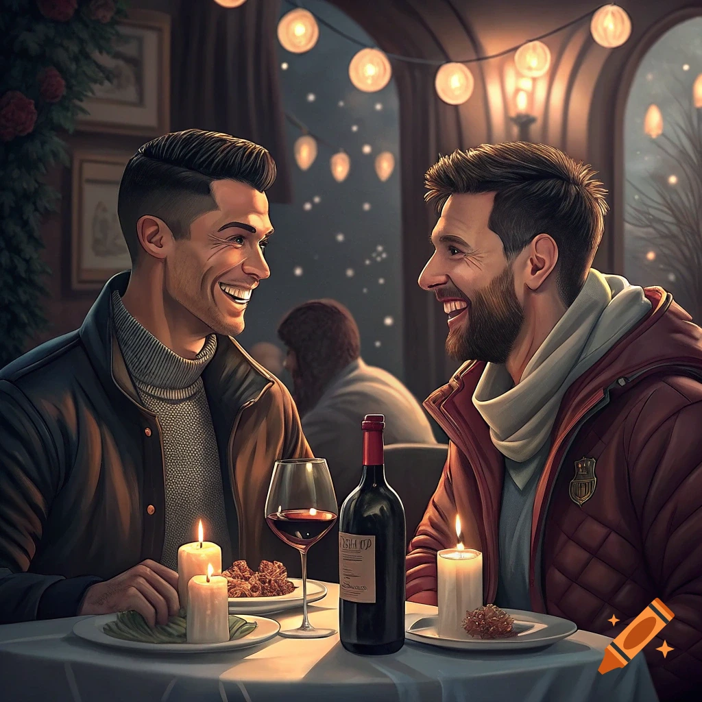 Ronaldo and Messi having dinner with wine and candles