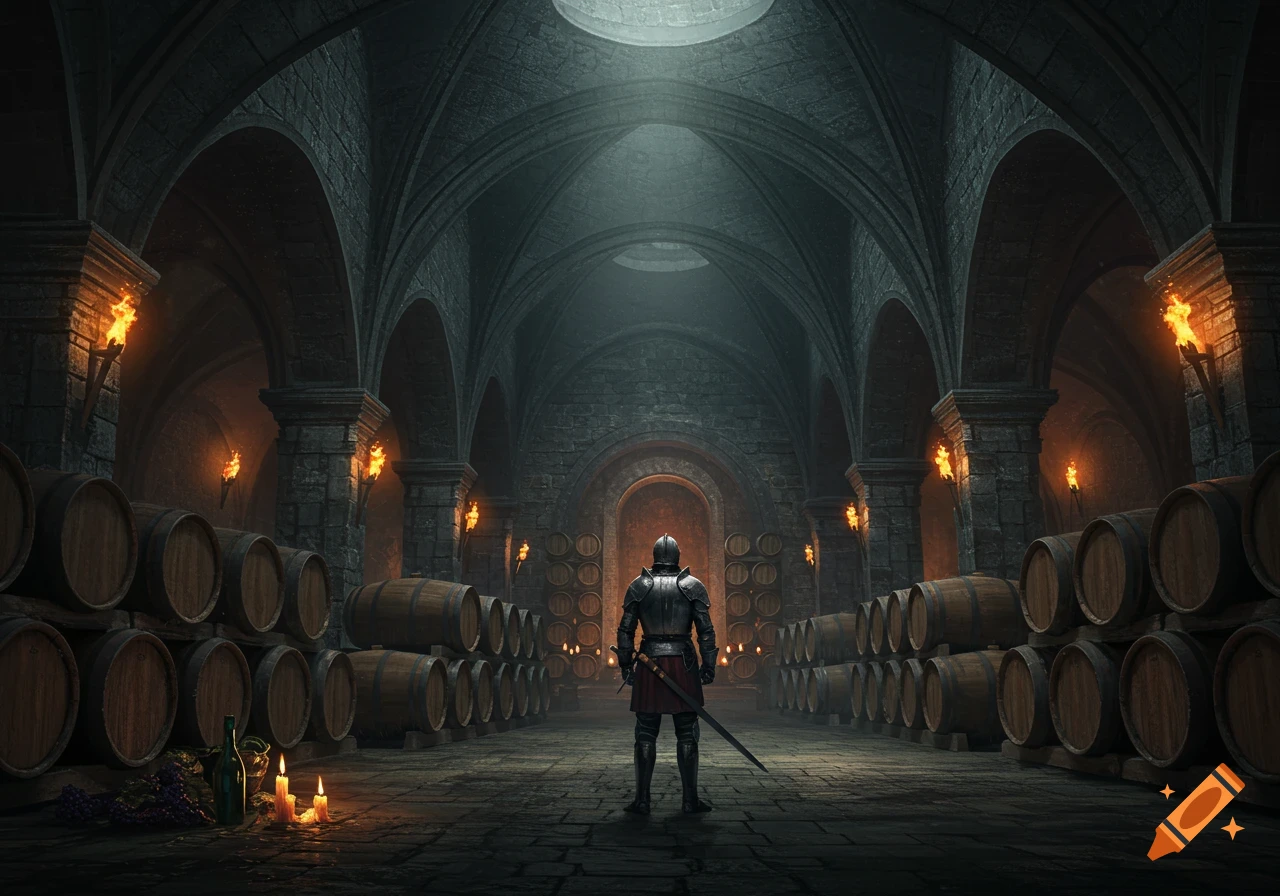 A knight stands guard in a large, dimly lit wine cellar filled with barrels.