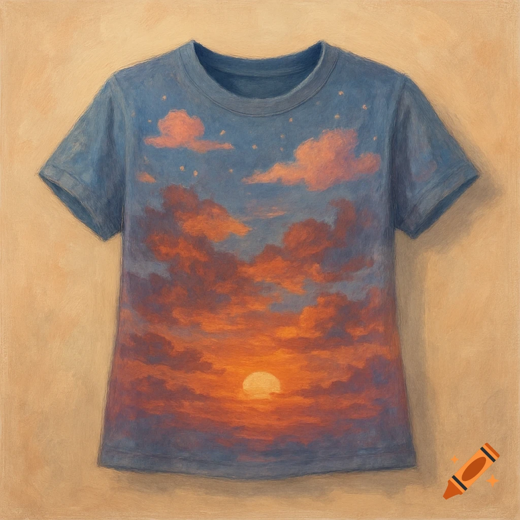 A t-shirt with a painting of a sunset over clouds.
